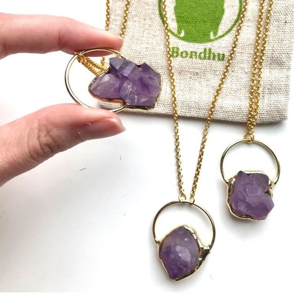 Frosted Matte Amethyst Stone Cluster Electroplated Pendent - 18 Karat Gold Chain - Picture 2 of 5